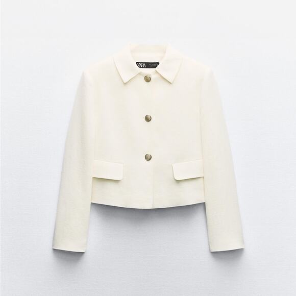 ZARA CROPPED LINEN BLEND SHOULDER PAD BLAZER - Picture 5 of 9
